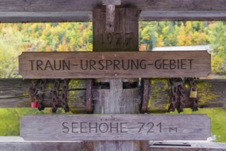 Lake Toplitz, signs Train-Ursprung-Gebiet, Seehöhe 721 m, Austria, Europe