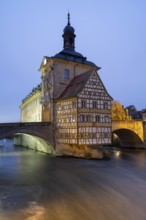 The old town hall on the river Regnitz, Blue Hour, Bamberg, Upper Franconia, Bavaria, Germany,