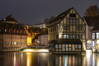 Building of the old town centre on the river Regnitz, Blue Hour, Bamberg, Upper Franconia, Bavaria,