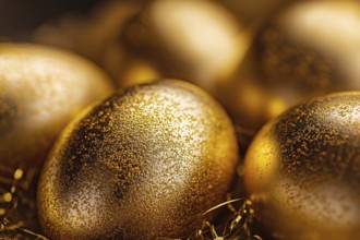 Close up of shiny golden easter eggs with glitter. Generative AI, AI generated