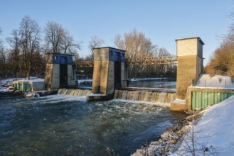 Lünen, North Rhine-Westphalia, Germany - Sunny winter landscape in the Ruhr area, Westfalia weir at