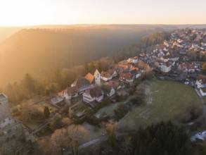 Village next to a forest in the warm light of the sunset with an idyllic atmosphere, Zavelstein,