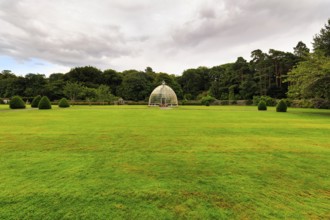 Garden, lawn with greenhouse on the horizon, Muckross House & Gardens, Killarney National Park,