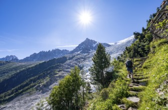 Hiker on hiking trail La Jonction, view of glacier Glacier des Bossons with sun star, behind summit