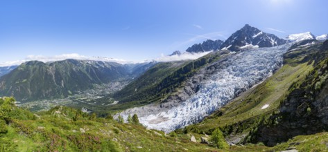 Panorama, mountain landscape with glacier Glacier des Bossons and summit of the Aiguille du Midi,