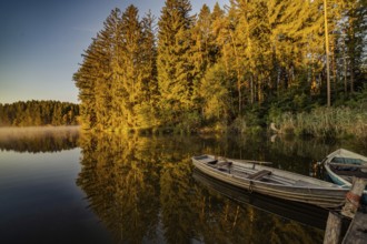 Boats in the autumnal Schmutter Weiher in the Allgäu near the municipalities of Halblech,