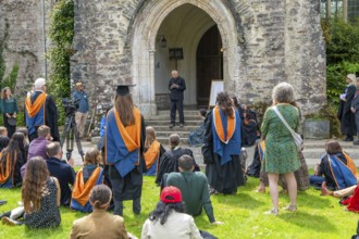 Satish Kumar speaking at graduation event, Schumacher College, Dartington Hall estate, Totnes,