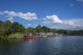 Schwerin, Mecklenburg-Vorpommern, Germany, boathouses on the Ziegelsee, in the 1970s some sections