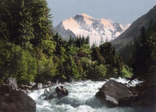 Jungfrau und Zweilutschine, Bernese Oberland, Switzerland, Historic, digitally restored