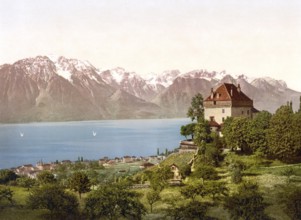 Montreux, Chatelard Castle, Geneva Lake, Switzerland, Historic, digitally restored reproduction