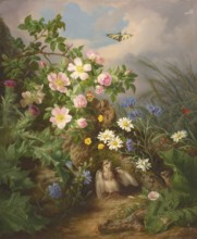 Still life with flowers and bird, butterfly, painting by Josef Lauer (1818, 1881), Austrian still