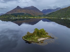 Mountains reflected in fjord, coast, island, autumn, cloudy, aerial view, Loch Leven, view of