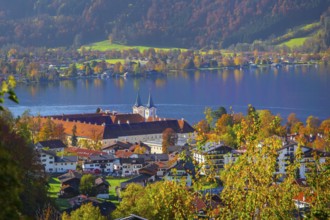 Panorama of the village and lake with the monastery castle in autumn, Tegernsee, Tegernsee,