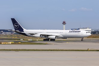 A Lufthansa Airbus A340-300 aircraft with the registration D-AIGO at the airport in Frankfurt,