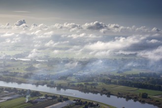 Aerial view, fog, autumn, season, clouds, convection, river, lowland, October, Elbe, Norderelbe,