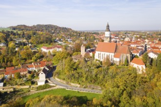 Aerial view of the city with Hutberg, Red Tower and St. Mary's Church, Kamenz, Saxony, Germany,