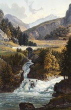 View of the Rhine Falls and the Aversbach stream in Roflen, Canton Graubünden, Switzerland, view