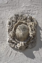 Sandstone coat of arms on the Buxheim House, since 1406, Martin Luther Platz 7, Memmingen, Bavaria,