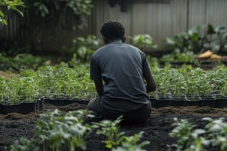 Back view of black man working in an urban garden in city. Generative AI, AI generated