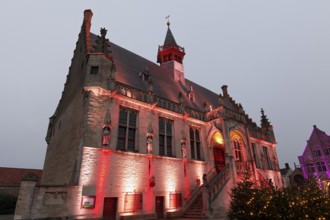 Gothic town hall, illuminated, Christmas, Damme, West Flanders, Flanders, Belgium, Europe