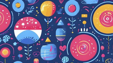 Abstract illustration features a seamless pattern of whimsical hand-drawn shapes and icons in