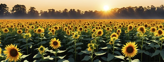 Abstract illustration of a field of sunflowers backlight with beautiful sunrise, AI generated