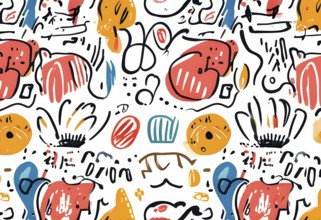 Playful, abstract illustration features a seamless pattern of whimsical hand-drawn shapes and icons