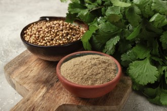 A bunch of fresh cilantro, coriander seeds and powder bowls, close-up, top view, no people, food