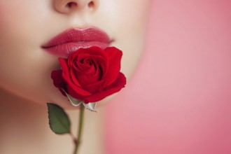 Close up of red rose and woman'S lips in front of pastel studio background. Generative AI, AI