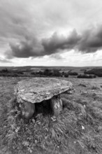 Unknown dolmen in a meadow, dramatic cloudy sky, monochrome, County Clare, Ireland, Europe