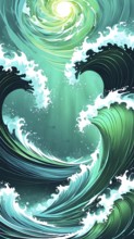 Illustration of swirling ocean waves and recycling symbols to represent clean oceans and