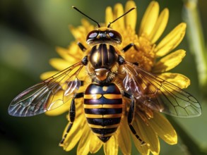 Macro of a hoverfly (Syrphidae), with its striped abdomen and metallic-like wings shimmering in the