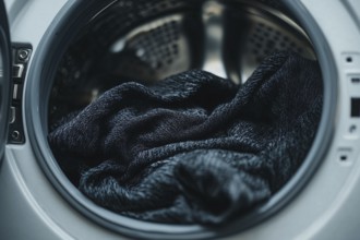 Close up of black clothes in washing machine. Generative Ai, AI generated