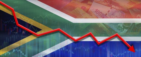 South Africa financial crisis on economic graph. Financial fall of South Africa on economy market