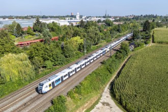 S-Bahn Stuttgart train operated by Deutsche Bahn DB Regio Aerial view in Kornwestheim, Germany,