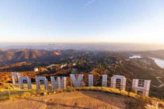 Hollywood Sign sign on Mount Lee with a view of Los Angeles, USA, North America