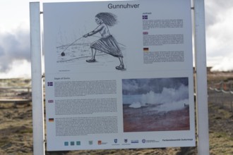 Information plate. Steam evaporating of the ground at Gunnuhver, close to Reykjanes lighthouse.