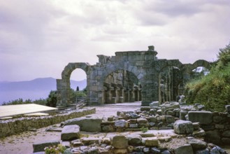 Ruins of Roman Basilica or Gymnasium building at archaeological park Tindari, Sicily, Italy, Europe