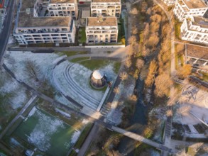 Municipal park with pavilion and trees in winter atmosphere, Nagold, Black Forest, Germany, Europe