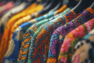 Colorful clothing with bright and bold patterns hanging on clothing rail. Generative ai, AI