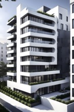 Rendering of a modern real estate apartment building in clean geometric forms in black and white,