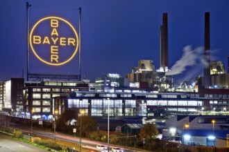 Bayer cross in the blue hour on the premises of Bayer AG, Leverkusen, Bergisches Land, North