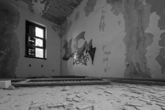 Empty room with graffiti and peeling walls, destruction visible, broken glass on the floor, Lost