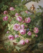 Large rose still life with butterflies and bird, painting by Josef Lauer (1818, 1881), Austrian