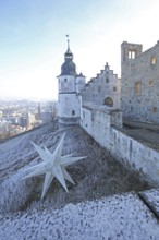 Christmas star and view in winter, hoarfrost, snow, Christmas decoration, 3D, three-dimensional,