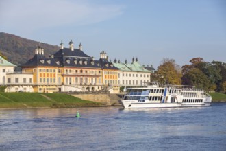 Excursion steamer Gräfin Cosel in front of the water palace of Pillnitz Castle, seen across the