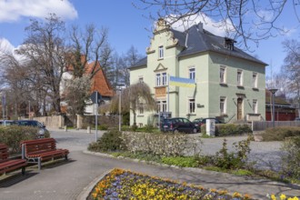 Ravensburger Platz with old church and Protestant parish office, Coswig, Saxony, Germany, Europe