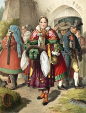 Traditional costumes in Germany around 1820, Province of Pomerania, Weitzacker, woman in colourful