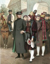 Traditional costumes in Germany around 1820, Altenburg, men and woman in festive costumes during a