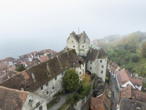 Aerial view of the historic Meersburg in autumn fog, Lake Constance, Lake Constance district,